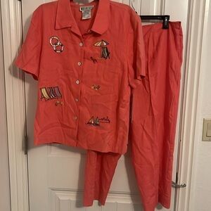 Y2K Megan Lee women’s16P Short Sleeve Button Down Pink Coastal Beachy top&capri‎